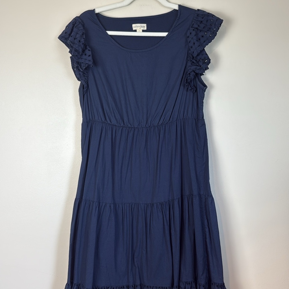 Maison Jules Long Navy Dress with Ruffle Eyelet Sleeves Size L 100% Cotton - Picture 2 of 10